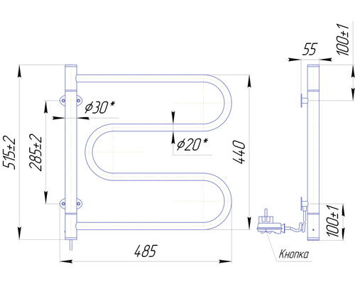 Desen tehnic al unui radiator pentru prosoape cu dimensiuni