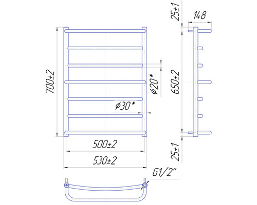 Desen tehnic al unui radiator de prosoape cu dimensiuni