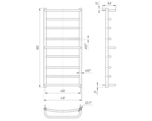 Desen tehnic al unui radiator de prosop cu dimensiuni