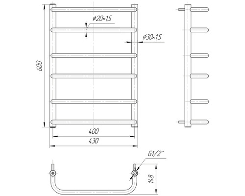 Desen tehnic al unui radiator de baie cu dimensiuni