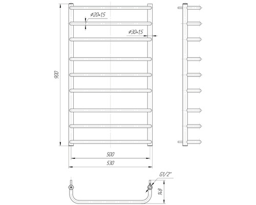 Desen tehnic al unui radiator pentru prosoape cu dimensiuni