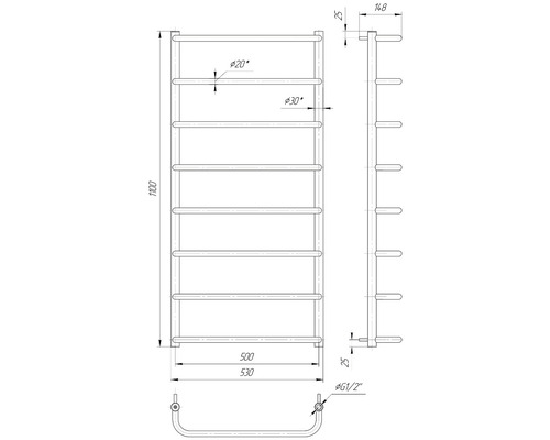 Desen tehnic al unui radiator de baie cu dimensiuni