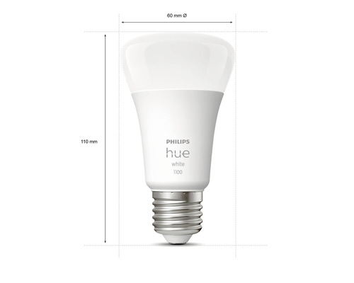 Bec LED Philips Hue White 1100 cu dimensiunile de 110 mm înălțime și 60 mm diametru