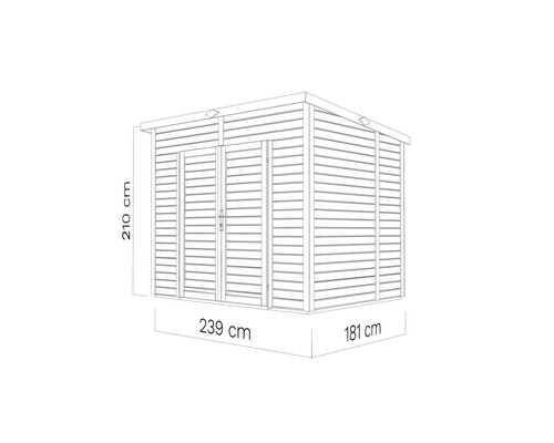 Imagine a unei magazii de grădină cu dimensiunile de 239 x 181 x 210 centimetri.