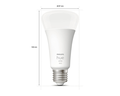 Lampă Philips Hue cu dimensiunile de 67 milimetri diametru și 130 milimetri lungime