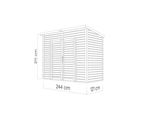 Imagine cu o magazie de grădină cu dimensiunile de 211 pe 244 pe 121 centimetri.
