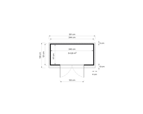 Plan cu dimensiuni: 251 cm lățime, 139 cm înălțime, suprafață de 2,8 metri pătrați