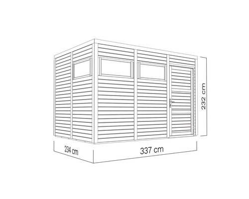 Desenul unei case de grădină cu dimensiunile 234 cm x 337 cm x 232 cm și ferestre