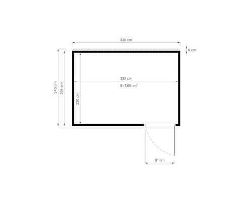 Plan cu dimensiuni: 336 cm lățime, 240 cm adâncime, suprafață 7,65 m²