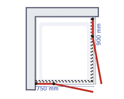 Desen tehnic al unui duș cu dimensiunile de 750 mm și 900 mm