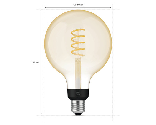 Bec cu filament Philips Hue Logo cu soclu E27, diametru de 125 mm și înălțime de 192 mm