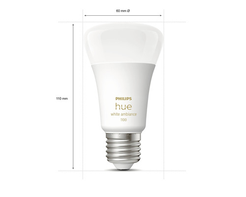 Bec Philips Hue cu dimensiunile 110 mm înălțime și 60 mm diametru