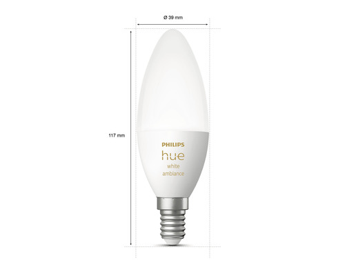 Bec Philips Hue cu soclu E14, diametru de circa 39 milimetri și lungime de circa 117 milimetri