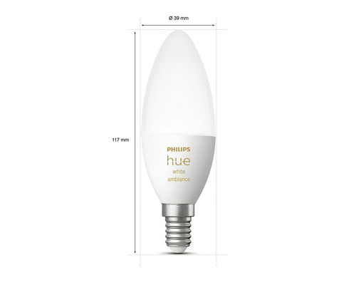 Bec LED Philips Hue White Ambiance, soclu E14, dimensiuni 117 mm înălțime, 39 mm diametru