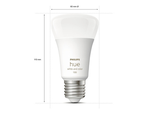 Bec Philips Hue cu dimensiunile de 110 mm înălțime și 60 mm diametru.