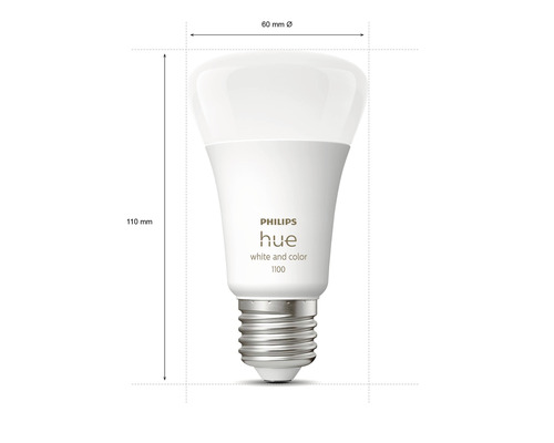 Bec Philips Hue cu dimensiunile de 60 milimetri diametru și 110 milimetri înălțime.