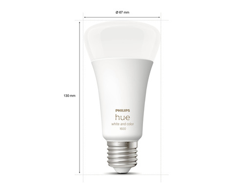 Lampă Philips Hue cu dimensiunile de 67 milimetri diametru și 130 milimetri lungime
