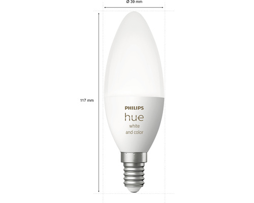 Bec Philips Hue White and Color cu soclu E14 și dimensiuni