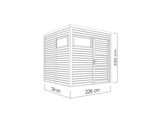 Reprezentare a unei magazii de grădină cu dimensiunile de 234 pe 226 pe 232 centimetri.