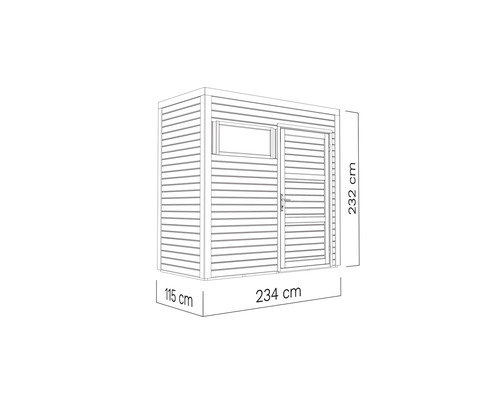 Imagine cu o căsuță de grădină cu dimensiunile 234 cm lățime, 115 cm adâncime și 232 cm înălțime.