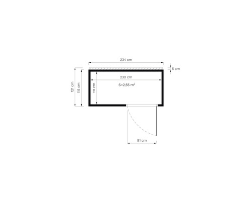 Plan cu dimensiuni: 234 cm lățime, 121 cm înălțime, 2,55 m² suprafață