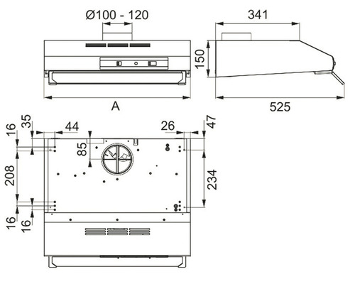 Desen tehnic al unei hote de aragaz cu dimensiuni
