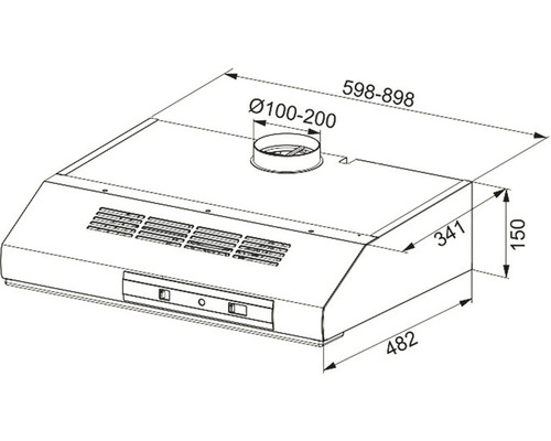 Desen tehnic al unei hote de aragaz cu dimensiuni.