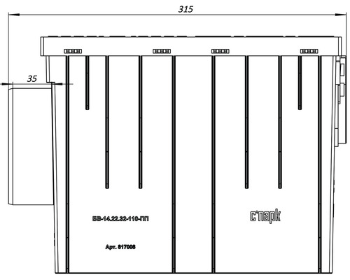 Desen tehnic al unui recipient din plastic cu dimensiunile de 315 x 35 mm.