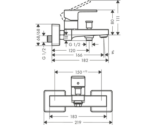 Desen tehnic al unei baterii de baie cu dimensiuni