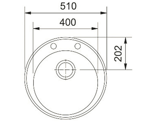 Desen tehnic al unei chiuvete cu dimensiuni: 510 mm lățime, 400 mm diametru și 202 mm înălțime.