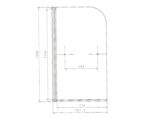 Desen tehnic al unui perete de duș cu dimensiuni
