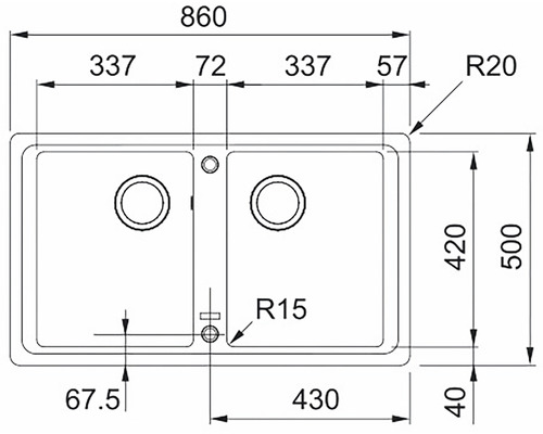 Desen tehnic al unei chiuvete cu cuvă dublă și dimensiuni