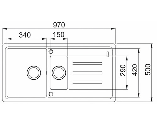 Desenul unei chiuvete cu dimensiunile de 970 x 500 mm.