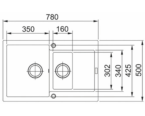 Desen tehnic al unei chiuvete cu dimensiunile de 780 x 500 milimetri.