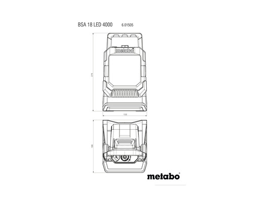 Logo Metabo cu desene tehnice ale unei lămpi de șantier BSA 18 LED 4000
