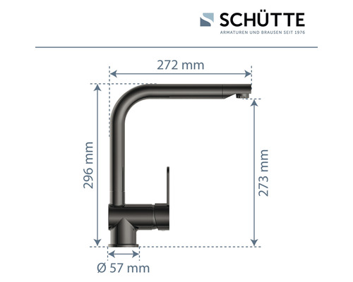 Desen tehnic al unei baterii de bucătărie cu dimensiunile 296 mm înălțime, 272 mm rază de acțiune, 273 mm înălțime de scurgere și 57 mm diametru