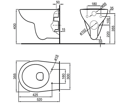 Desen tehnic al unui WC suspendat cu dimensiuni
