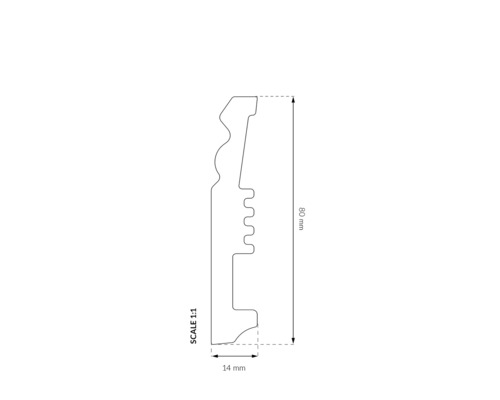 Desen tehnic al unei plinte cu dimensiunile de 80 mm înălțime și 14 mm lățime.