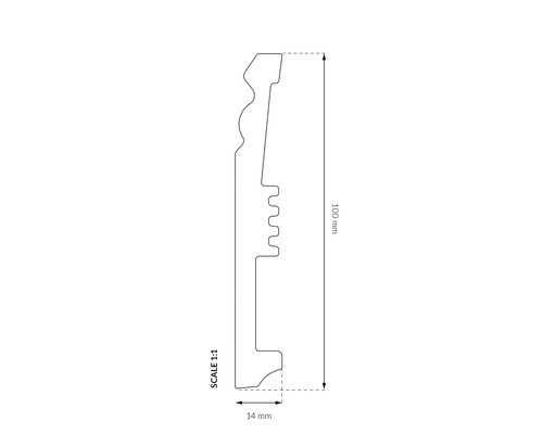 Desen profilat al unei plinte cu dimensiunile de 100 mm înălțime și 14 mm adâncime.