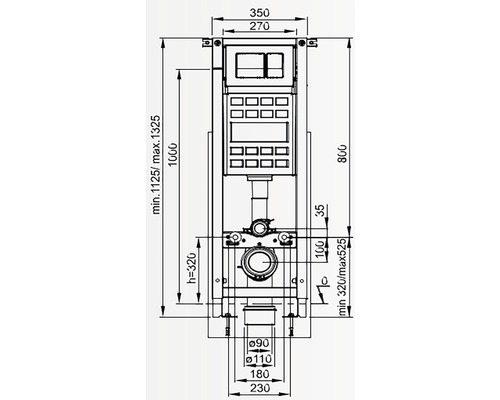 Desen tehnic al unui element de instalare pre-perete cu dimensiuni