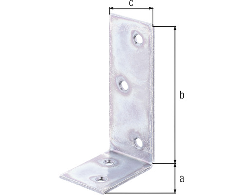 Conector de unghi cu găuri și indicații de dimensiuni a, b, c