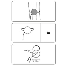 Ilustrație a unui suport magnetic pentru perdele cu dimensiunile de 7,5 cm diametru și un ghid pentru atașarea la o perdea.