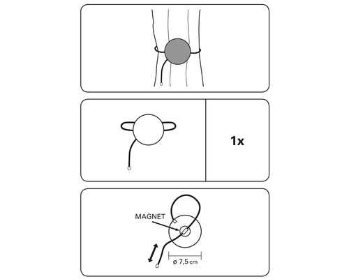 Ilustrație a unui suport magnetic pentru perdele cu dimensiunile de 7,5 cm diametru și un ghid pentru atașarea la o perdea.