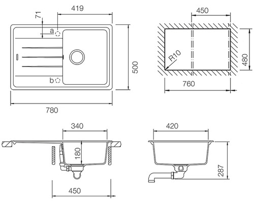 Desen tehnic cu dimensiunile unei chiuvete