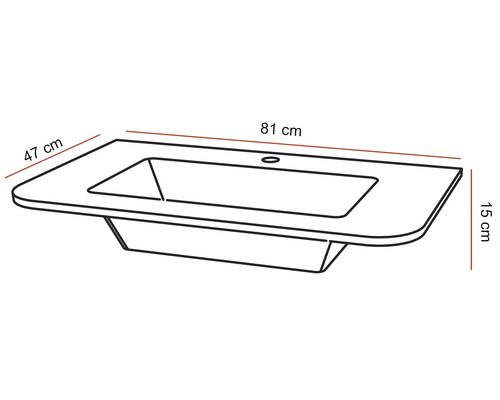 Desen al unui blat de lavoar cu dimensiunile 81 cm lungime, 47 cm lățime și 15 cm înălțime
