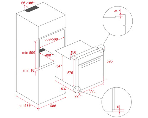 Desen dimensional al unui cuptor cu dimensiunile corespunzătoare