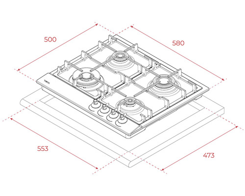 Desen tehnic al unei plite pe gaz cu dimensiunile: 500 x 580 mm (plită), 553 x 473 mm (decupaj).