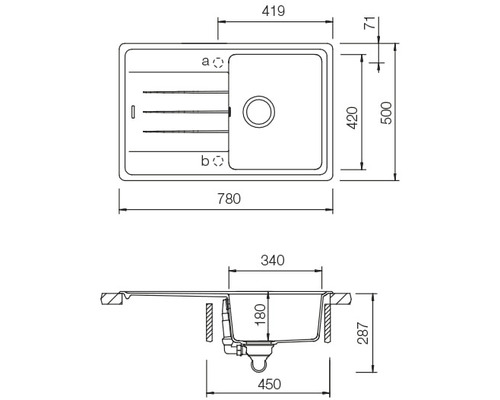 Desen tehnic cu dimensiunile unei chiuvete de bucătărie