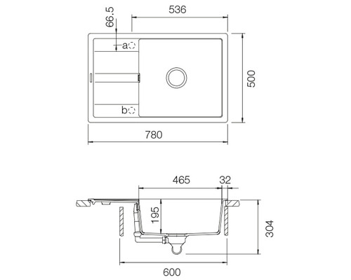 Desen tehnic cu dimensiunile unei chiuvete de bucătărie