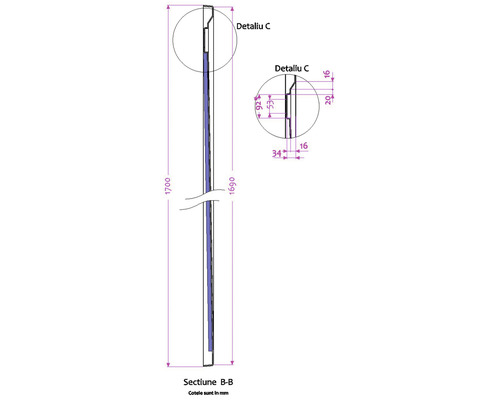Desen tehnic cu dimensiuni în milimetri